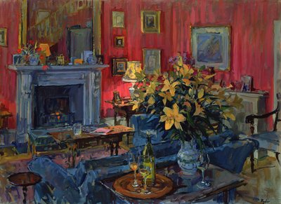 Kamin und gelbe Blumen von Unbekannt Unbekannt